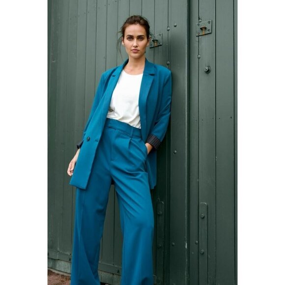 NWT KAFFE Kasolvej Teal Legion Blue High-Waisted Wide Pants - Picture 1 of 6
